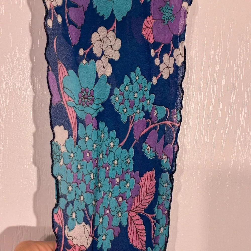 Vintage SILK Ruffled Edge Floral Rectangular Scarf Navy 53”x6”